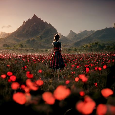 Field Of Flowers Digital Art, Poppy Field Illustration, Person In Field, Gn Story, Vase Reference, Norwegian Garden, Standing In A Field, Field Dress, Apollo Statue