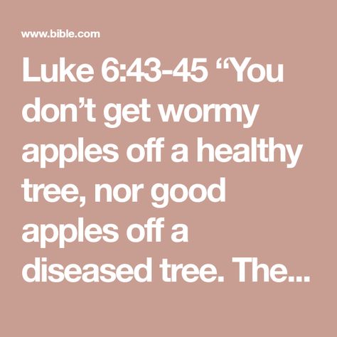 Luke 6:43-45 “You don’t get wormy apples off a healthy tree, nor good apples off a diseased tree. The health of the apple tells the health of the tree. You must begin with your own life-giving lives. It’s who you | The Message (MSG) | Download The Bible App Now Luke 6 45, Giving Thanks To God, Greatest Commandment, Luke 6, Love Your Wife, God's Heart, Jesus Lives, The Message, Financial Advice