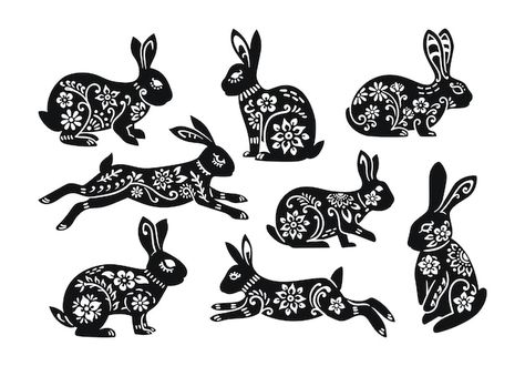 Set of easter rabbit decorations isolate... | Premium Vector #Freepik #vector #cute-bunny #cute-rabbit #bunny #rabbit-illustration Folk Rabbit Illustration, Scandinavian Rabbit Illustration, Year Of The Rabbit Tattoo Design, Folk Rabbit Tattoo, Rabbit Sillouhette, Rabbit Folk Art, Easter Illustration Design, Year Of The Rabbit Art, Rabbit Illustration Design