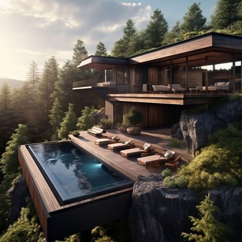 A luxury villa is a perfect place for you to relax and enjoy all the good things that life has! #myfaceoutdoordesign #luxuryoutdoors #luxuryvilla #summerdesign #homeinspo #exteriordesign #exclusivedesign #luxurylifestyle Mountain House With Pool, Luxurious Mountain Homes, Mountain Pool Ideas, Minecraft Modern Mountain House, Houses On Mountains, Hillside Modern House, Modern Cliff House, House On Mountain, Modern House With Pool