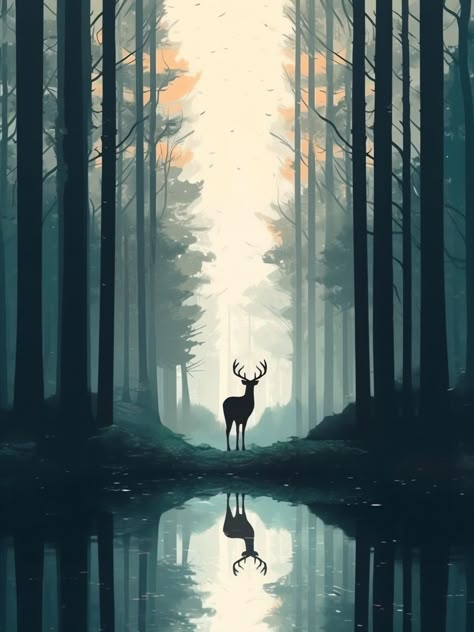 Deer In Woods Drawing, Deer Forest Painting, Forest And Animals Drawing, Deer In The Woods Painting, Deer Landscape Painting, Silowets Art, Forest Aesthetic Drawing, Forest Drawing With Animals, Deer Art Illustration