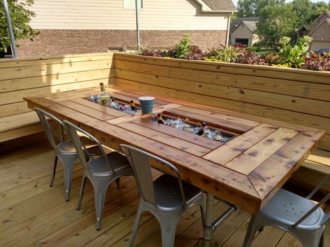 Diy Outdoor Dining Table With Cooler, Patio Table With Built In Cooler, Outdoor Table Bench Seating, Built In Deck Table, Built In Cooler Outdoor, Outdoor Kitchen With Table, Built In Deck Bench Seating, Built In Patio Seating, Outdoor Table With Cooler