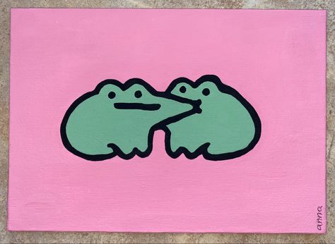 Cute painting of two frogs on solid pink background ; acrylic Cute Frog Paintings On Canvas, Funny Mini Paintings, Cute Funny Paintings, Cute Green Painting, Frog Painting Aesthetic, Frog Painting Ideas On Canvas, Cute Frog Painting Easy, Simple Frog Painting, Pig Painting Easy