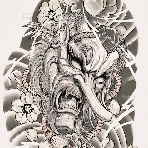 Fun one too start next week! #nohmask #japanesetattoo #tengu #yamabushitengu #oni Samurai Back Tattoo, Tengu Tattoo, Japanese Mask Tattoo, Koi Tattoo Sleeve, Samurai Tattoo Design, Minimal Drawings, Owl Tattoo Design, Mask Tattoo, Mythology Tattoos