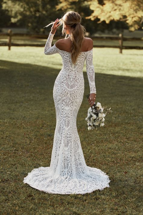 Nathalia | Lace Off the Shoulder Wedding Dress | Grace Loves Lace Bohemian Lace Wedding Dress, Wedding Dress Boho, Bohemian Wedding Dress Lace, Off Shoulder Wedding Dress, Beach Wedding Dress Boho, Fitted Sleeves, Grace Loves Lace, Wedding Gowns Lace, Lace Wedding Dress