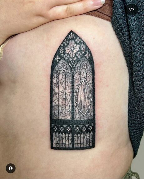 Victorian Window Tattoo, Stained Glass Tattoo Black And White, Gothic Window Tattoo Design, Window Tattoo Simple, Stain Glass Window Tattoo, Framed Tattoo Ideas, Church Window Tattoo, Cathedral Window Tattoo, Stain Glass Tattoo