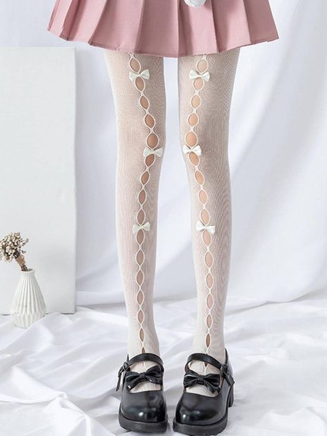 1pair Women Cut Out Bow Decor Fashion Fishnet Tights For Party | SHEIN USA White Fishnet Stockings, Bow Fishing, Mesh Stockings, White Fishnets, Aged Clothing, Net Stockings, Holiday Dresses Women, White Tights, Black Tube