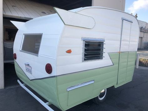 Vintage Camper Trailers For Sale - 1956 Shasta.  She is 10 feet long and weighs approximately 750 pounds.  The exterior has been sanded, painted and resealed.  She has new tires and electrical throughout. Shasta Camper Interior, Flower Trailer, Camper Trailer Tent, Travel Trailer Accessories, Vintage Trailer Interior, Shasta Trailer, Vintage Camper Interior, Shasta Camper, Camper Trailer For Sale