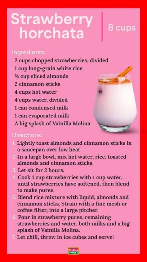 Strawberry Horchata Recipes, Strawberry Horchata, Horchata Drink, Mexican Drink Recipes, Mexican Horchata, Horchata Recipe, Mexican Drinks, Chai Recipe, Pink Drinks