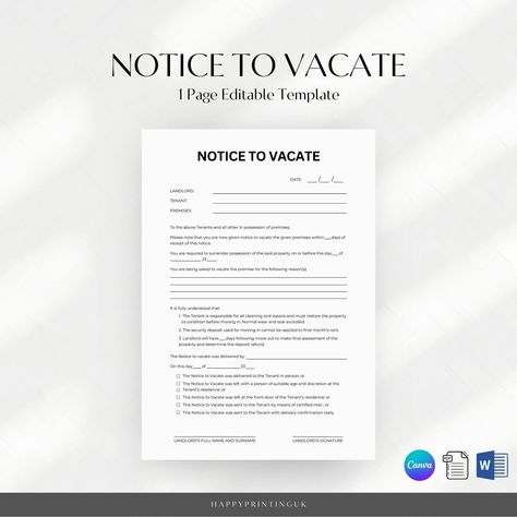 Notice To Vacate Editable Eviction Notice Template for Landlord Notice to Vacate to Tenant Eviction Letter to Resident Vacation Letter Eviction Letter, Real Estate Forms, Eviction Notice, Property Manager, Lease Agreement, Word Document, The Tenant, Legal Advice, Ms Word