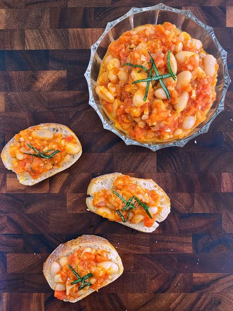 Bean Bruschetta, How To Peel Tomatoes, Sliced Baguette, Culinary School, White Bean, Paring Knife, White Bread, Fresh Thyme, Winter Night