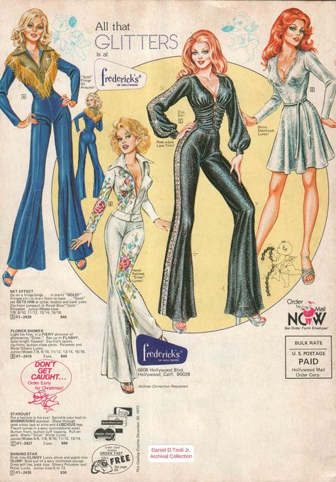 Vintage Fredericks Of Hollywood Ads, 70s Fredericks Of Hollywood, 1977 Fashion, Aesthetic Crafts, Vintage Fashion Sketches, Vintage Catalog, 1970 Dress, Frederick’s Of Hollywood, Inspired Clothes