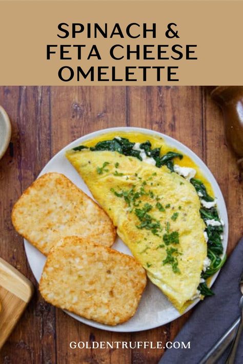 This Spinach & Feta Cheese Omelette is so easy omelette recipe to make as a healthy breakfast or brunch! Whether you're looking for a quick and healthy breakfast, or a satisfying brunch, this spinach and feta cheese omelette is easy to prepare and will keep you feeling full for hours. The tender spinach and creamy feta make for a wonderful combination of flavors and textures. Pair this omelette with hashbrowns if you have a hefty appetite!  #Omelette #EggsRecipes #HealthyBreakfast Easy Omelette Recipe, Easy Omelette, Omelette Recipes, Omlet Recipes, Omelette Recipe Easy, Quick And Healthy Breakfast, Easy Breakfast Brunch, Cheese Omelette, Creamy Feta