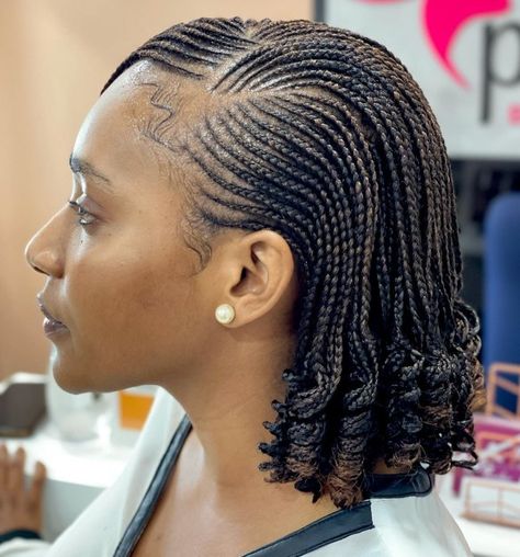 Medium Micro Braids with Curled Ends Braided Cornrow Hairstyles Black Women Bun Updo, Medium Size Cornrows Braid Styles, Corn Row Hairstyles For Black Women, Braided Hairstyles For Older Black Women Over 50, Cornrows With Twists In The Back, Corn Rolls Braids Hairstyles, Corn Row Hairstyles, Conrows Lines Natural Hair Short, Short Cornrow Hairstyles