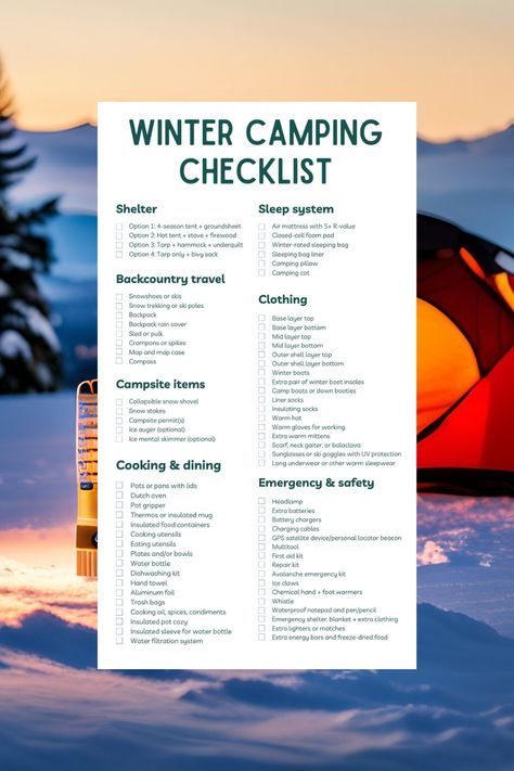 Winter Camping Checklist (Free PDF Download) Winter Camping Checklist, Winter Camping Gear, Cold Camping, 4 Season Tent, Sleeping Bag Liner, Backcountry Camping, Emergency Shelter, Camping Pillows, Cold Weather Camping