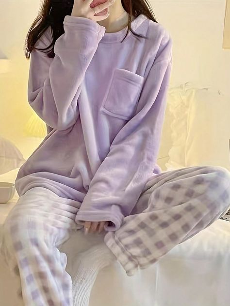 Light Blue Round Neck Pajamas Set, Plaid Pajamas Set, Solid Color Home Service Set. Casual Plaid Pajamas Set Mauve Purple     Plaid,Plain Pant Sets Non-Stretch Winter Women Sleep & Lounge, size features are:Bust: ,Length: ,Sleeve Length: Shein Pajamas Women, Winter Pijama Women, Pyjamas Aesthetic Winter, Purple Pyjamas, Pijamas Winter, Classy Pajamas, Pijama Aesthetic, Outfits Sleep, Winter Pijama