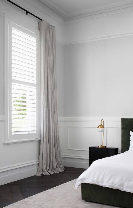 Shutters Bedroom, Shutters With Curtains, House Hall Design, Indoor Shutters, Window Furnishings, Sam Wood, Hall Design, Wood Shades, Linen Curtains