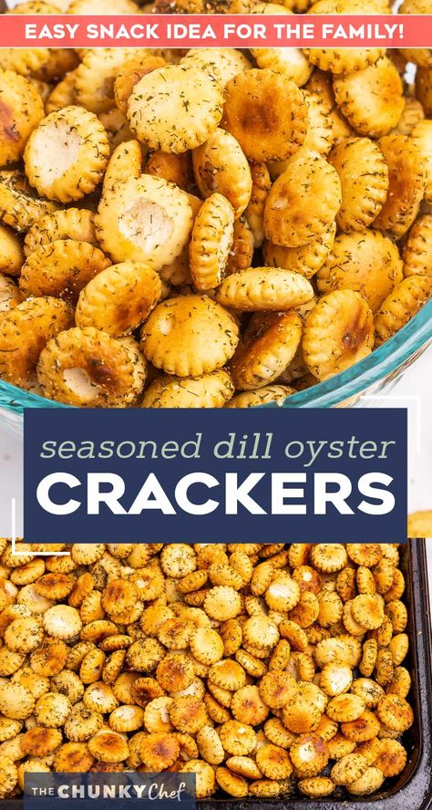 These Dill-Seasoned Oyster Crackers are the bold and satisfying snack you've been dreaming of! Simple seasonings, oyster crackers and a bit of oil are tossed then baked until crunchy and fabulous! #snack #appetizer #oystercrackers #crackers #dill #seasoned Oyster Fire Crackers, Dill Pickle Oyster Crackers, Garlic Oyster Crackers Recipe, Dill Oyster Crackers, Jack Snacks, Oyster Cracker Snack, Oyster Cracker, Crackers Homemade, Oyster Crackers Recipe