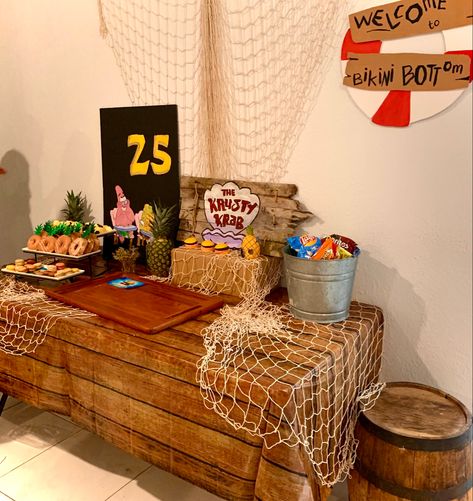 Modern Spongebob Party, 25th Bday Decoration Ideas For Him, Spongebob Sweet Table, Spongebob Birthday Party Table Decor, Krusty Krab Decorations, 25 Year Old Spongebob Birthday, Spongebob Party Ideas 25, Spongebob Squarepants Birthday Party Ideas, Krusty Krab Birthday Party