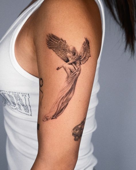 Small Angel Angel Goddess Tattoo, Detailed Arm Tattoo, Angel Tattoo Realism, Abstract Angel Tattoo, Angel Flying Tattoo, Angel Back Tattoos Women, Angel Tattoo Placement, Angel Tattoo On Arm, Angelic Tattoos For Women