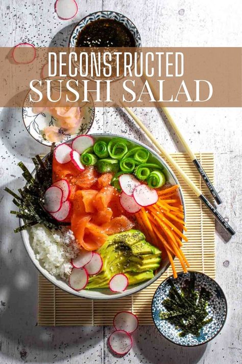 Sushi salad in a white bowl with extra bowl of ginger, salad dressing and nori strips. Sushi In A Bowl, Deconstructed Sushi Bowl, Japanese Sushi Rice, Cucumber Ribbons, Smoked Salmon Sushi, Deconstructed Sushi, Sushi Bowl Recipe, Sushi Salad, Night Dinner Recipes