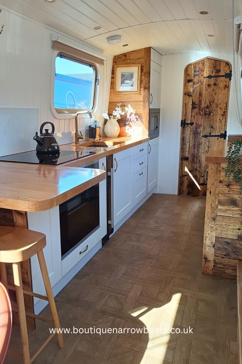 Couples holiday boat, Marbled White Narrowboat Kitchen Ideas, Narrowboat Bed, House Boat Aesthetic, Narrowboat Life, Interior Boat Decor Ideas, Boat Decoration Ideas, Narrow Boat Kitchen, Boat Window, Houseboat Decorating Ideas Boat Interior