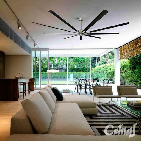 The Rhino DC ceiling fan by Mercator is a huge industrial style ceiling fan with a blade sweep of 2.4 metres. It features an energy efficient DC motor capable of providing maximum airflow while maintaining smooth and quiet operation. The Rhino ceiling fan is available in white with white blades and brushed chrome with black blades. Industrial Outdoor Furniture, Small House Furniture, Ceiling Fan Installation, Patio Furniture Layout, Living Room Ceiling Fan, Furniture Placement Living Room, Rustic Outdoor Furniture, Exterior Ceiling Fans, Rustic Living Room Furniture