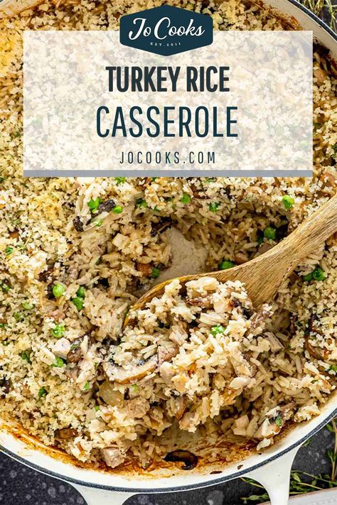 Made in just one pan this delicious Turkey Rice Casserole is filled with sautéed mushrooms, green peas, and lots of leftover holiday turkey! #turkeycasserole #ricecasserole #recipe Turkey Rice Casserole, Ground Turkey Casserole, Turkey Casserole Recipes Leftover, Mushroom Rice Recipes, Turkey Noodle Casserole, Turkey Casserole Recipe, Turkey Rice, Wild Rice Casserole, Turkey Cutlets