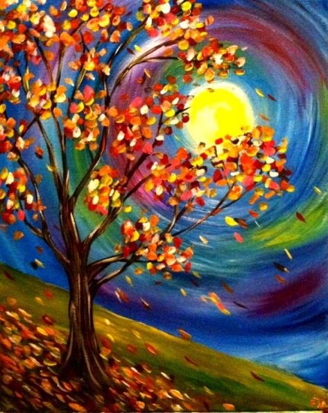 Paint Night Fall Ideas, Autumn Paint And Sip Ideas, Paint Night Pictures, Fall Sky Painting, Fall Paintings Acrylic, Fall Trees Drawing, Fall Paint Night Ideas, Fall Paint And Sip Ideas, Fall Paint And Sip