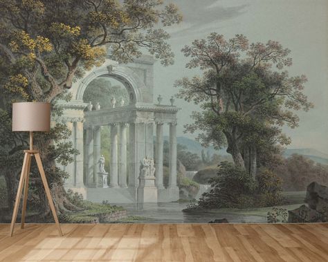 Rural Vintage Landscape With Columns Wallpaper Trees Field - Etsy Australia Mural Wallpaper Vintage Bathroom, Wallpaper Murals Bedroom, Wallpaper Murals Statement Wall, Victorian Wall Mural, Canteen Interior, Columns Wallpaper, 2023 Apartment, Wallpaper Trees, Wonderful Wallpapers