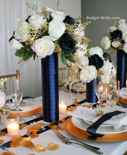 Navy Wedding Centerpieces, Navy Blue And Gold Wedding, Gold Centerpiece, Gala Decorations, Navy Party, Tall Centerpiece, Blue Centerpieces, 18th Anniversary, Rustic Wedding Decorations