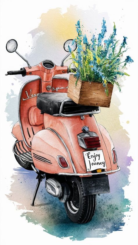 Ideogram Aesthetic Art Drawing Watercolor, Vespa Drawing Easy, Vespa Scooters Drawing, Scooter Painting, Vespa Drawing, Mountain Sunset Painting, Scooter Drawing, Vespa Illustration, Vespa Art