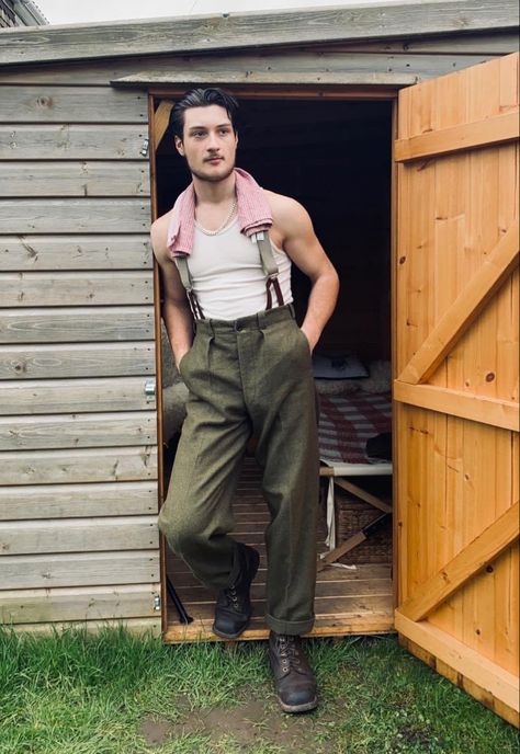 Farming Outfits Men, Outfit With Suspenders Men, Men's Cottagecore Fashion, Farmcore Outfit Male, Farm Clothes Men, Gardening Outfit Men, Farmer Fashion Men, Gardener Outfit Men, Russian Outfits Men