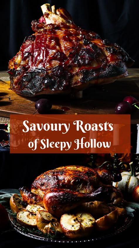 Cider Brined Roast Chicken, Sleepy Hollow Chicken, Traditional Pagan Recipes, Cider Brined Chicken, Sleepy Hallow Recipes, Samhain Food Recipes, Sleepy Hollow Food, Samhain Dinner Recipes, Sleepy Hollow Dinner Party