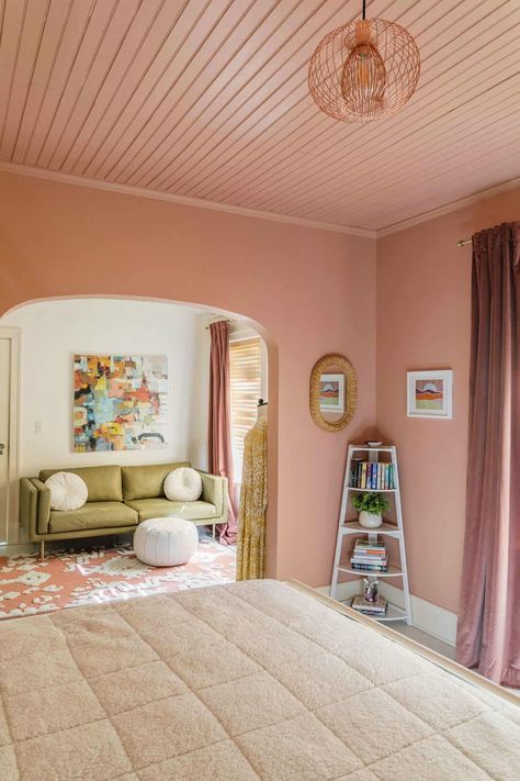 Emma's Pink Bedroom Tour Pale Pink Ceiling Bedroom, Pink On Pink Bedroom, Pink Wall And Ceiling, Pink Woodwork Bedroom, Bedroom Inspirations Pink Walls, Pink Walls Wood Trim, Pink Walls In Bedroom, Light Pink Walls Bedroom Interior Design, Pink Walls And Ceiling