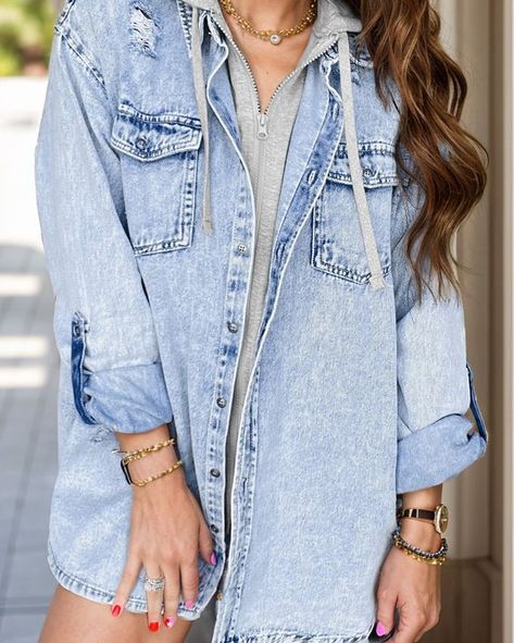 😍 Distressed Button Denim Jacket 😍 Starting at $57.99 USD Detail • Long Length • Hood • No Stretch • Standard Thickness • Fits true to size 👉 Find the link in our bio Jean Jacket Design, Oversized Hooded Jacket, Denim Washes, Patchwork Denim Jacket, Jacket Making, Long Sleeve Denim Jacket, Hooded Denim Jacket, Trendy Jackets, Trendy Jeans