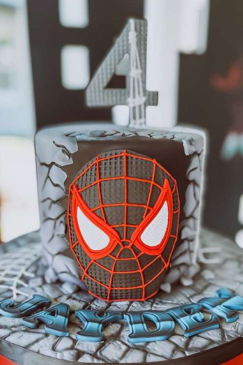 Take a look at this incredible Spider-Man: Into the Spider-Verse birthday party! The cake is fantastic! See more party ideas and share yours at CatchMyParty.com Black Spider Man Birthday Party Ideas, Spiderman Across The Spider Verse Birthday, Spider Verse Birthday Cake, Spiderman Across The Spider Verse Cake, Into The Spider Verse Birthday Party, Spiderman Across The Spider Verse Party, Miles Morales Spiderman Cake, Spider Verse Cake, Spider Verse Birthday Party