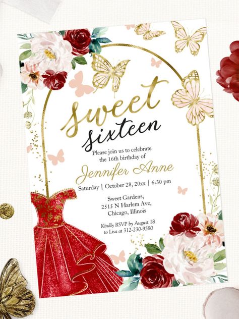 Sweet 16 Floral Red Dress Butterfly Invitation Adorable, red gold floral, sweet sixteen birthday party invitations. Easy to personalize with your details #birthday #happybirthday #birthdaycards #birthdayparty #turningsixteen #16thbirthday #sweetsixteen #floral #butterfly Floral Red Dress, Butterfly Invitation, Quinceañera Ideas, Butterfly Invitations, Red Princess, Dress Butterfly, 16th Birthday Invitations, Sweet Sixteen Invitations, Sweet 16 Gifts