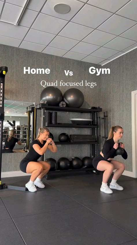 Home vs Gym - Quad focused legs 🔥   Hey team!! We've got a KILLER quad focused leg workout for you to try whether you have access to gym equipment or not!! This has been one of our go to leg days since being away especially if we have no access to weight! We hope you guys enjoy it as much as we do! Workout details below ⬇️  Workout details :  (Home)  - Heels raised goblet squats - 15 x 3  - BW front lunges - 12 x 3 (each side)  - Squat jumps - 10-12 x 3  - Narrow to wide squats - 10 x 3  - Up & Down squats - 10x 3   (Gym)  - Goblet squats - 10-12 x 3  - Weighted front lunge - 8-10 x 3  - Suitcase squats jumps - 8-10 x 3  - Weighted wide to narrow squats - 8-10 x 3  - Squat hold - 30-45 seconds x 3  #fitness #womenfitness #homeworkout Wide Squats, Legs Muscles, Knee Stability, Squat Jumps, Lunge Workout, Leg Days, Leg Workouts Gym, Squat Hold, Climbing Stairs