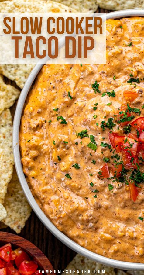 A bowl filled with slow cooker taco dip, next to a pile of tortilla chips and a small bowl of tomatoes (for garnish). Ground Beef Cream Cheese, Hot Taco Dip, Slow Cooker Dip Recipes, Warm Dip Recipes, Dip Recipes Crockpot, Slow Cooker Dips, Slow Cooker Taco, Taco Dip Recipe, Crock Pot Dips