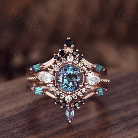 Vintage Alexandrite Engagement Ring Set Antique Rose Gold - Etsy Engagement Rings Colorful, Native American Engagement Ring, Alt Engagement Ring, Old Fashioned Engagement Rings, Alexandrite Wedding Ring Set, Alexandrite Vintage Ring, Colorful Engagement Rings, Marquise Alexandrite Engagement Ring, Vintage Opal Rings