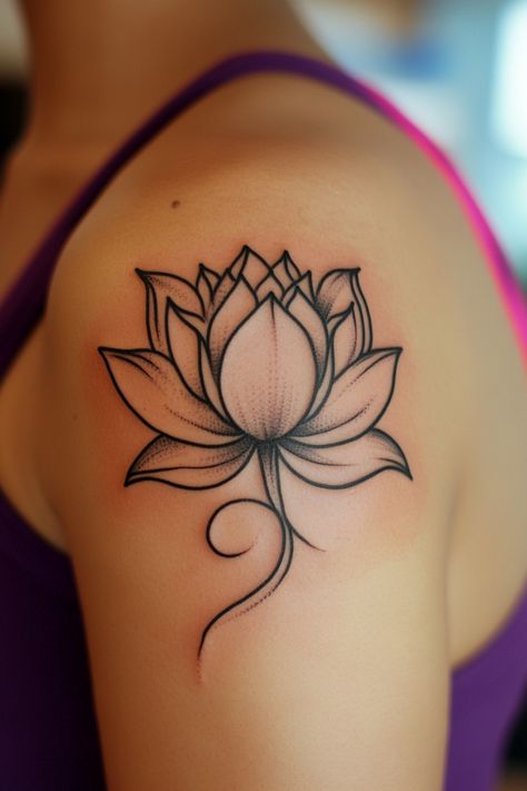 Lotus flower tattoo on a person's shoulder. In Ear Tattoo, Tiny Lotus Tattoo, Lotus Flower Tattoo Ideas, Lotus Outline, Lotus Flower Tattoos, Lotus Artwork, Small Lotus Tattoo, Lotus Flower Tattoo Design, Flower Tattoo Ideas