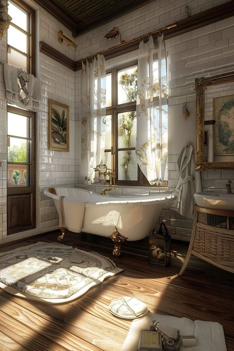 "Transform your space with Vintage Bathroom Designs! 🛁✨ Embrace the charm of clawfoot tubs, antique fixtures, and classic tile patterns. Add elegance with ornate mirrors, vintage vanities, and soft, pastel colors. Create a timeless look that combines beauty and functionality, turning your bathroom into a serene, nostalgic retreat. Discover the allure of vintage bathroom designs and bring a touch of the past into your home! 🚿💫 #VintageBathroom #HomeDecor #TimelessDesign" Vintage Clawfoot Tub Bathroom, Clawfoot Tub Bathroom, Vintage Clawfoot Tub, Ornate Mirrors, Mirrors Vintage, Clawfoot Tubs, Tub Bathroom, Classic Tile, Vintage Interior Design