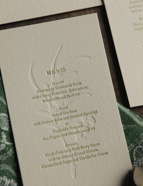 Green Letterpress Wedding Invitations, Debossed Wedding Invitations, Blind Letterpress, Printed Wedding Invitations, Stationary Ideas, Wedding Graphics, Foil Printing, Bespoke Wedding Invitations, Menu Printing