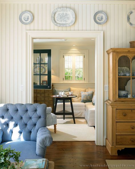 Colonial Reproductions | High-End Custom Home Builders in Martha's Vineyard | Boston Design Guide Beadboard Wall, Patrick Ahearn Architect, Patrick Ahearn, Coastal Living Rooms, Country Living Room, Coastal Living Room, Coastal Interiors, A Living Room, Coastal Homes