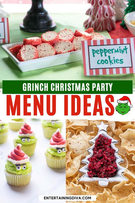 Grinch Christmas Meal, Grinch Party Adults, Grinch Party Menu Ideas, Grinch Movie Night Dinner, Whoville Food Ideas Holiday Parties, Grinch Inspired Party Food, Food For Grinch Party, The Grinch Themed Food, Whoville Christmas Dinner