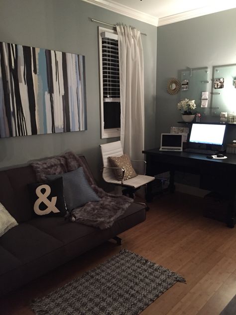 Home office with futon #cb2 #potterybarn #target Spare Bedroom Game Room Ideas, Home Office With Futon, Office With Futon, Futon Bedroom Ideas, Room With Futon, Guest Bedroom Ideas, Futon Living Room, Futon Decor, Futon Bedroom