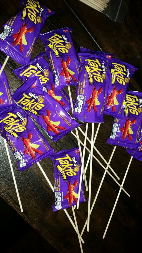 Tape Takis to sticks Taki Theme Party, Takis Birthday Party Ideas, Takis Gift Basket Ideas, Takis Party Ideas, Takis Chips Bouquet, Takis Birthday Party Theme, Takis Chips Aesthetic, Sleepover Snacks, Starbucks Birthday