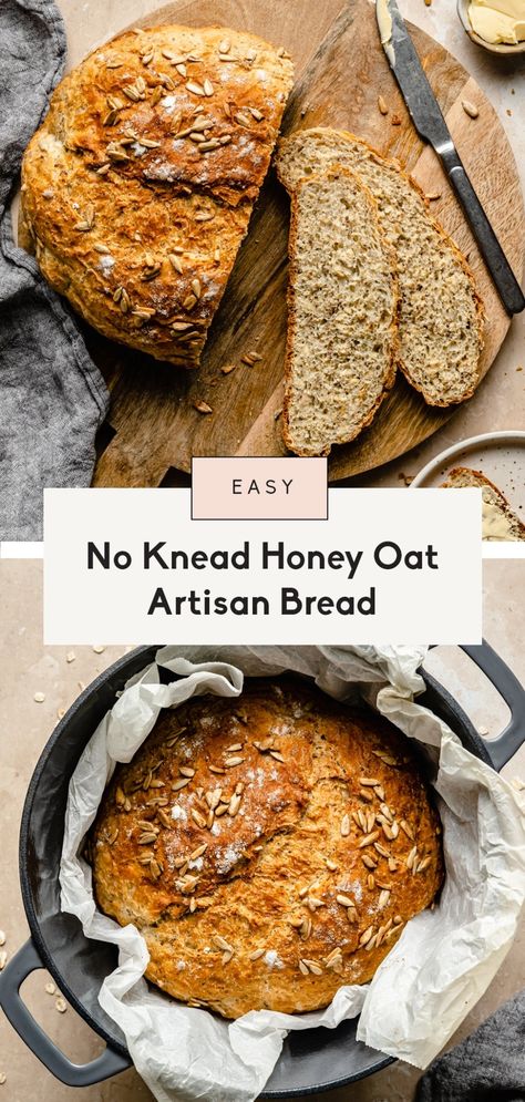 Beautiful no knead honey oatmeal artisan bread recipe made with simple ingredients for an easy bread recipe you'll bake again and again. This wonderful homemade artisan bread is soft and fluffy on the inside with the perfect golden crust. Enjoy this delicious bread toasted with your fav toppings, dipping in soups, or making sandwiches! Artisan Bread Recipe, Making Sandwiches, Easy Bread Recipe, Honey Oat Bread, Honey Bread, Wheat Bread Recipe, Oatmeal Bread, Ambitious Kitchen, Artisan Bread Recipes