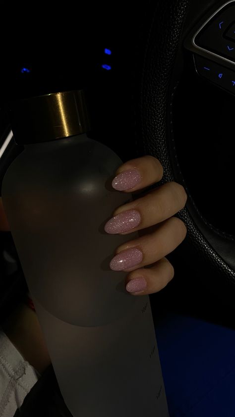 Pink glittery nails, nails, nail idea, pink, glitter, almond shape nails, nail inspo Glitter Nails Almond Shape, Glittery Almond Nails, Baby Pink Nails With Glitter, Glittery Nude Nails, Glittery Nail Ideas, Glittery Pink Nails, Short Acrylic Almond, Pink Glittery Nails, Sparkly Pink Nails